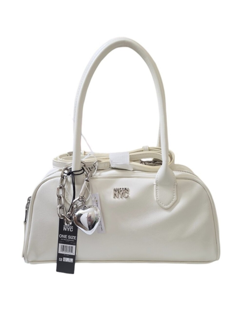 Madden NYC Women's East West Bowler Bag Cream Dome Satchel Bag with Heart Charm